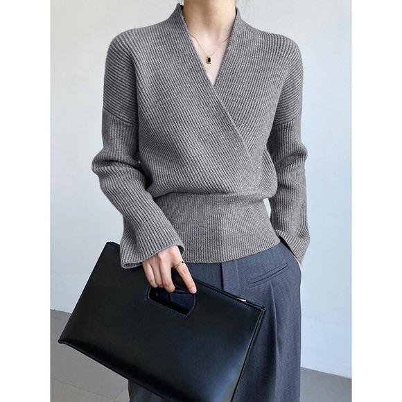 Commense Sweaters - Commense Ribbed Knit Wrap Top, Long Sleeve V-Neck Crossover Sweater Grey size M
